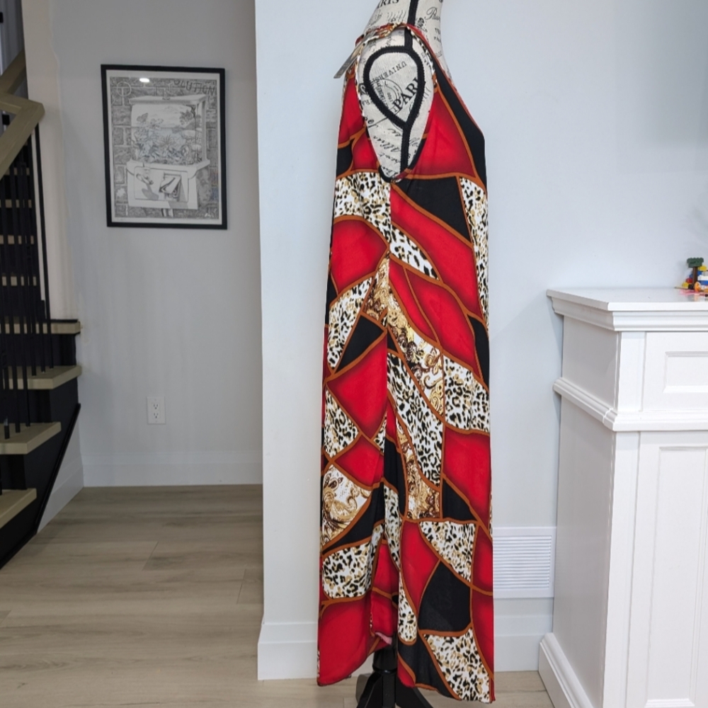 RUBY | Women's Red/Black Color Block Sleeveless Scoop Neck Leopard Maxi Sundress - Picture 3 of 4